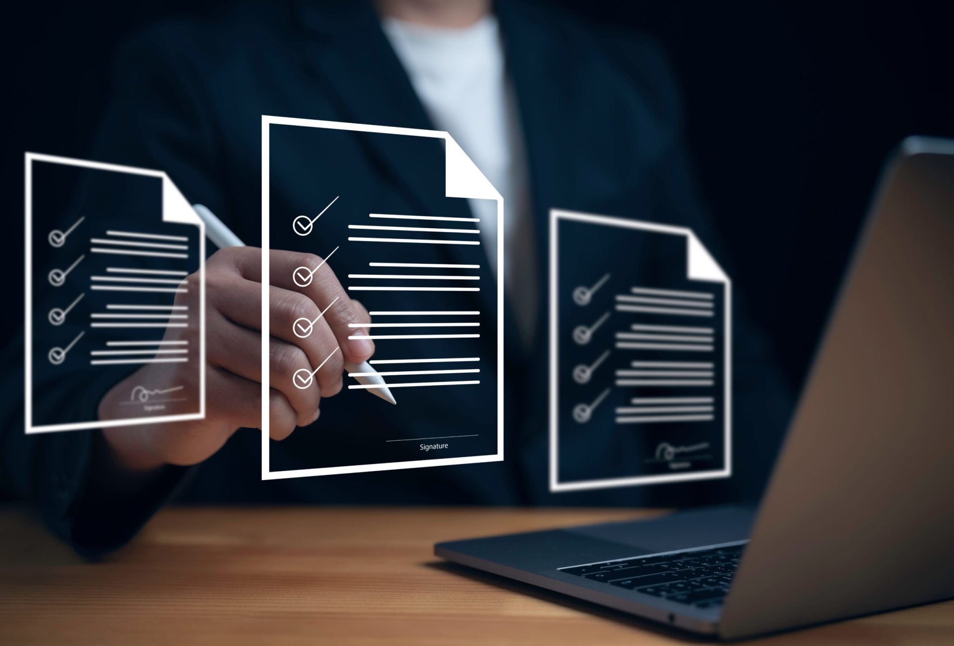 Electronic signature or E-sign concept document management for business.Businessman sign electronic documents on digital documents, paperless office, future business contract signing Electronic signature or E-sign concept document management for business.Businessman sign electronic documents on digital documents, paperless office, future business contract signing