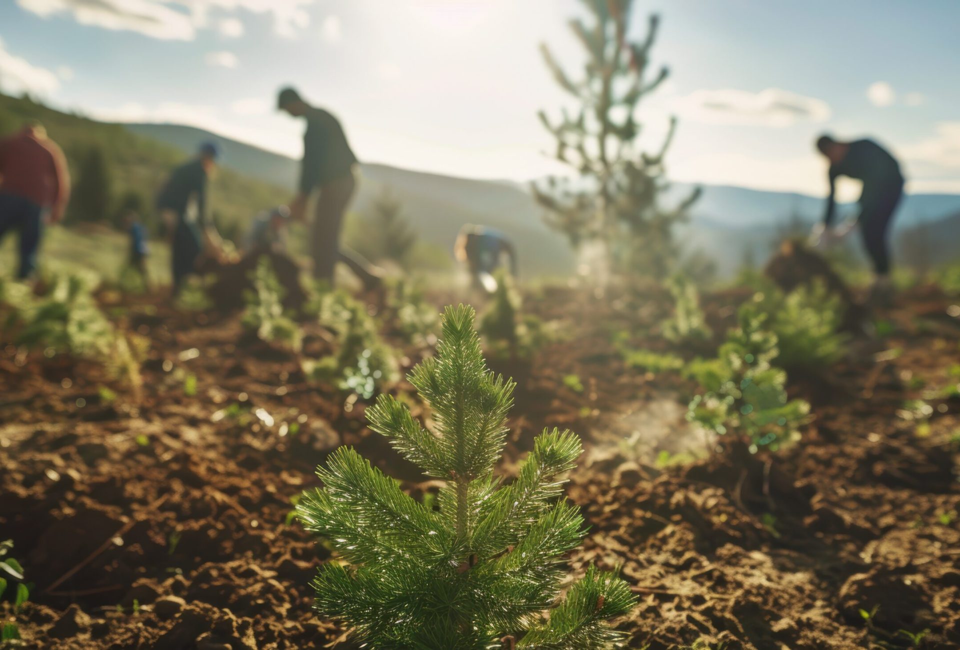 A group of people planting young trees in a sunlit, mountainous landscape, promoting reforestation and environmental conservation.